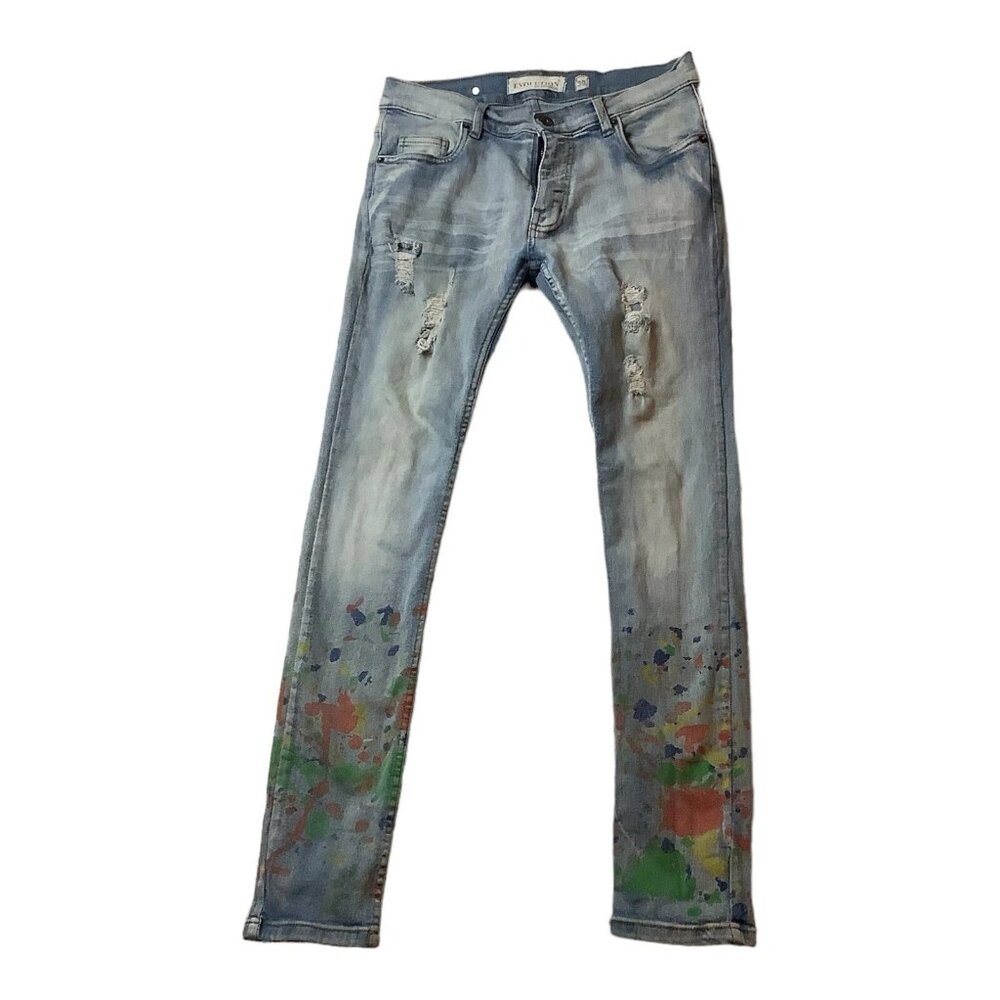 Evolution In Design Distressed Paint Splatter Skinny Denim Jeans Mens Size 30x31